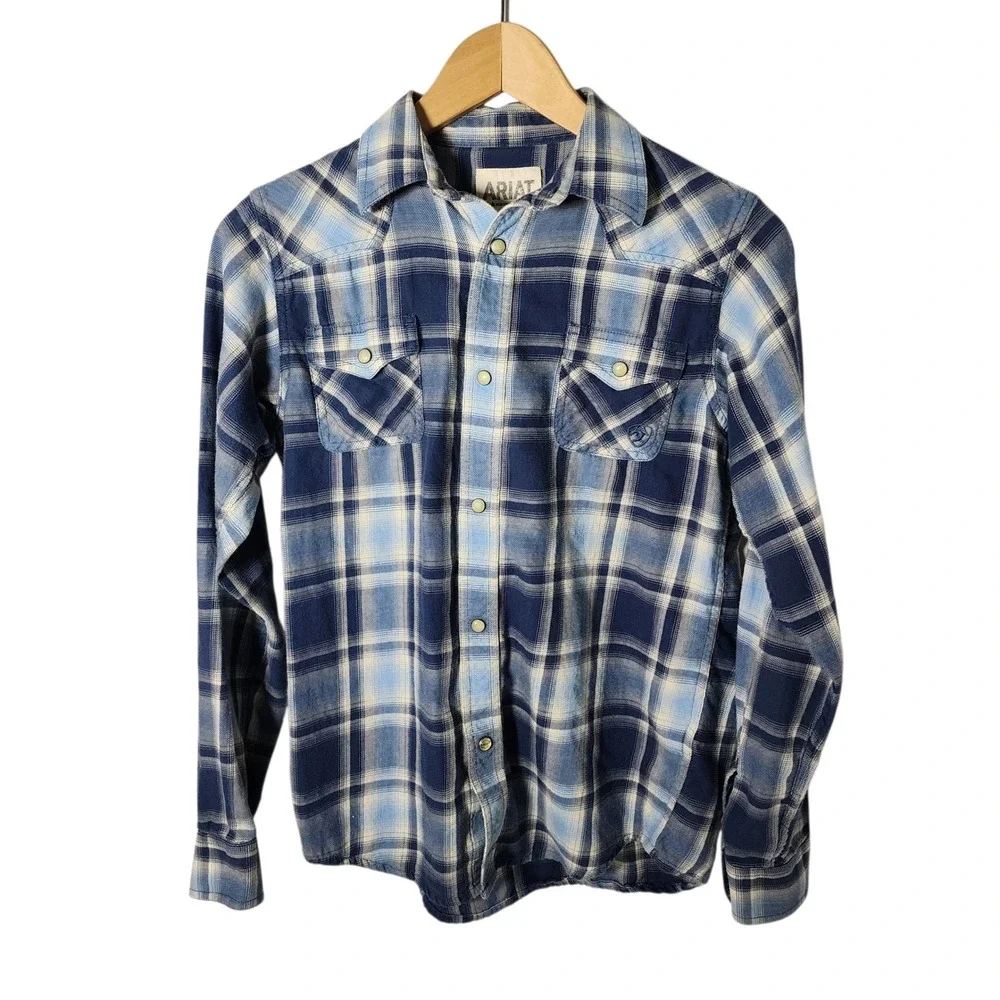 Ariat Retro Fit Plaid Western Snap Button Long Sleeve Shirt‎ L Boy Kid Blue